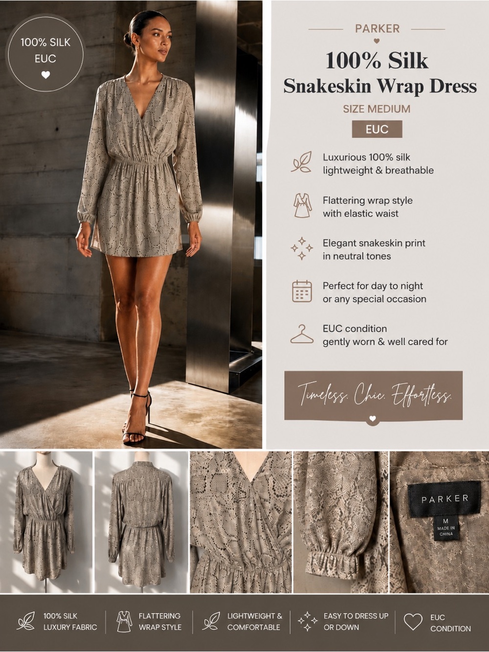 Parker 100% Silk Snakeskin Wrap Dress Size Medium